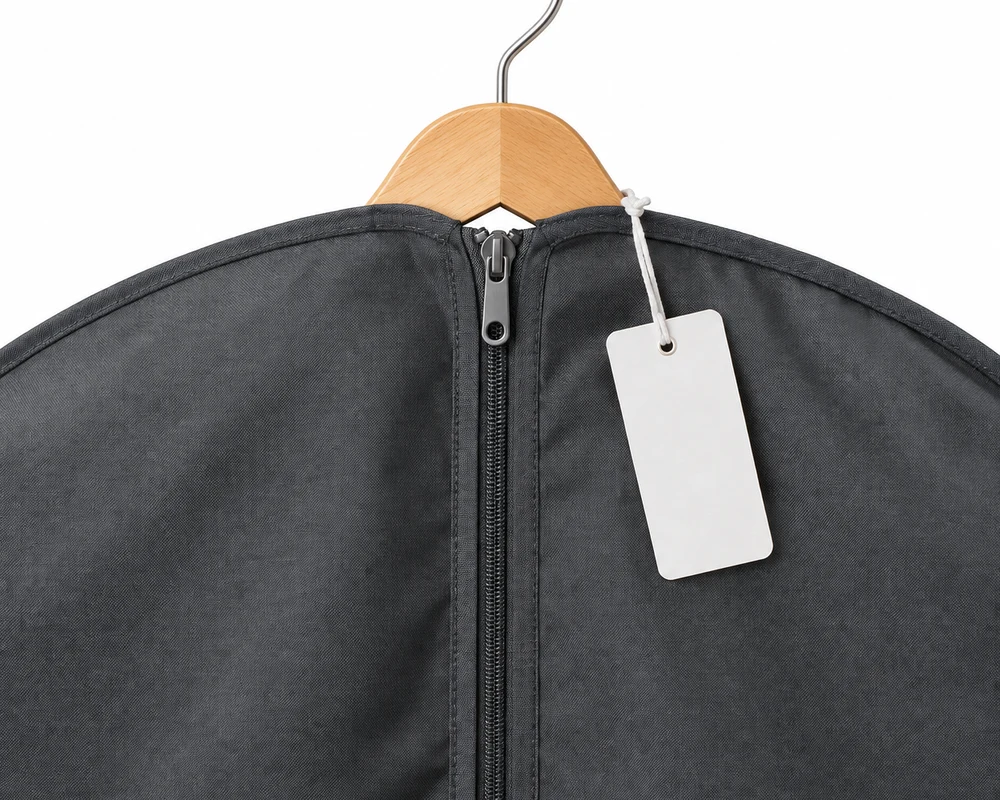 Funda gris de tela con cremallera y una etiqueta blanca sin texto colgada de la percha