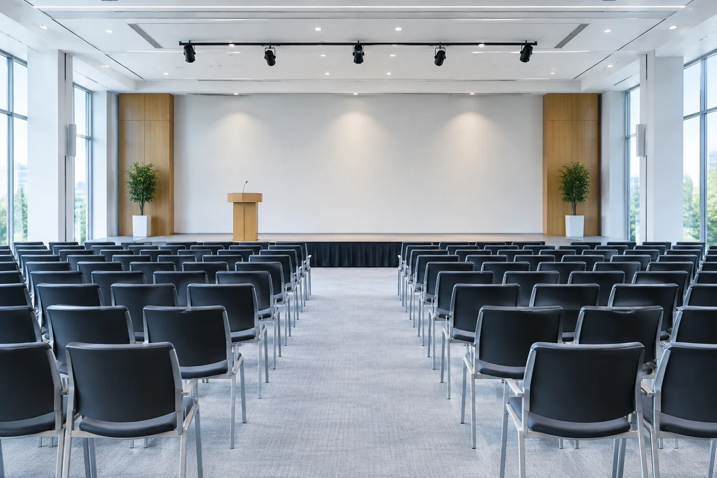 Sala de congresos vacía con filas de sillas negras y un atril al fondo