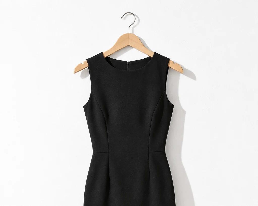 Vestido negro de oficina sin mangas en una percha de madera
